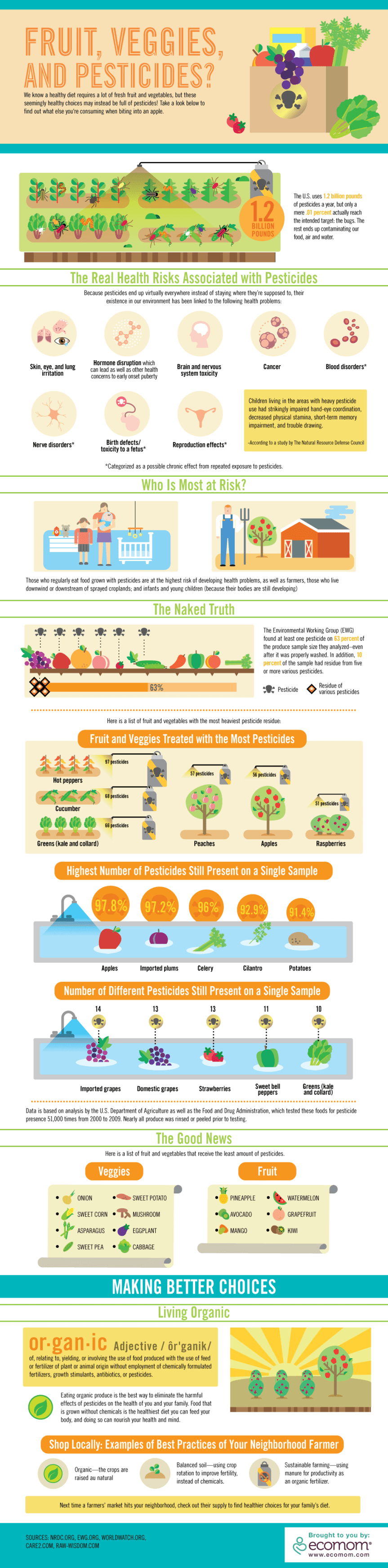 Fruit, Veggies and Pesticides infographic about health, food, organic, pesticides, diet