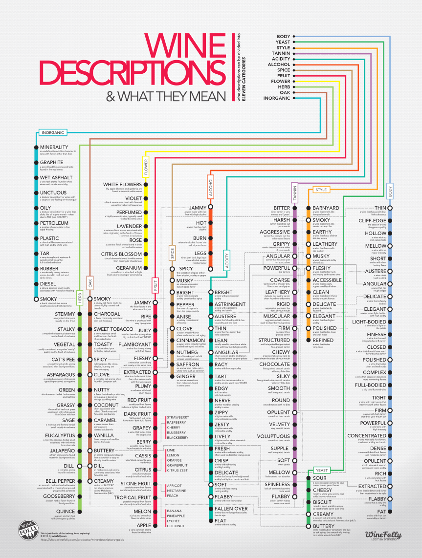 Wine Descriptors infographic about wine, subway map